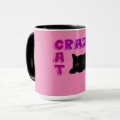 Tasse à café 'CRAZY CAT' en noir et rose. (Devant gauche)