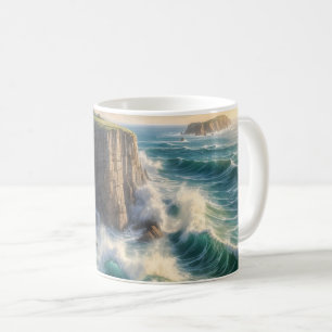 Tasse à café de paysage côtier avec vagues océaniq
