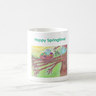 Tasse à café de printemps avec bébé et mère oiseau