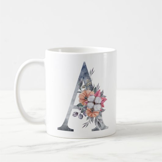 Tasse à café en aquarelle bleue florale Monogramme (Gauche)