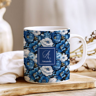 Tasse à café florale personnalisée Fleurs bleues m