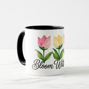 Tasse à café florale rose et jaune Bloom With Joy