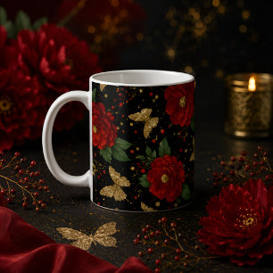 Tasse à café florale rouge vintage chic papillon d