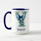 Tasse à café monogrammée bleue florale 15 oz (Gauche)