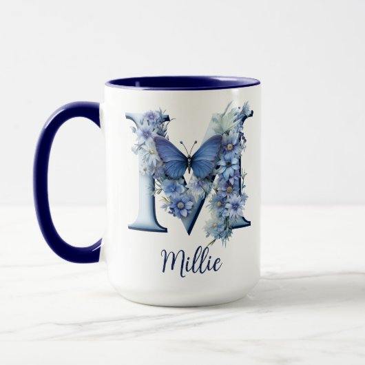 Tasse à café monogrammée Floral Blue 15 oz (Gauche)