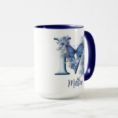 Tasse à café monogrammée Floral Blue 15 oz (Devant droit)