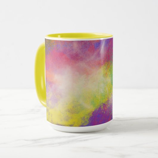 Tasse à café multicolore à deux tons. (Devant gauche)