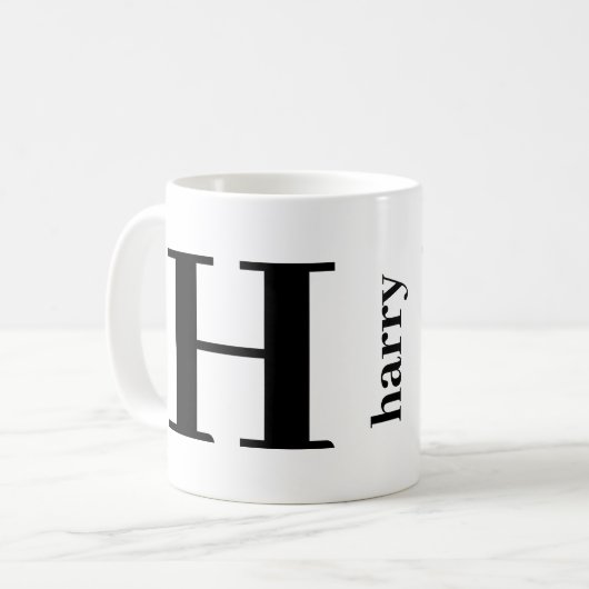 Tasse à café noir et blanc avec monogramme moderne (Devant gauche)