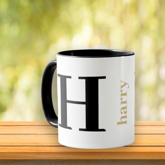 Tasse à café noir or nom monogramme moderne gras