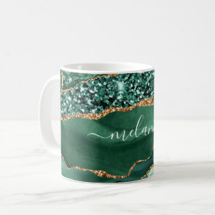 Tasse à café Pailletée Or Vert Nom Personnalisé