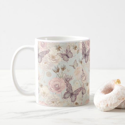 Tasse à café Papillon Pastel & Fleurs (Avec donut)