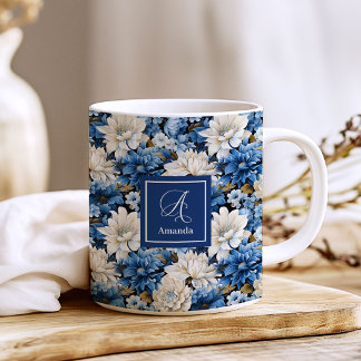 Tasse à café personnalisée Fleurs ivoire bleues gl