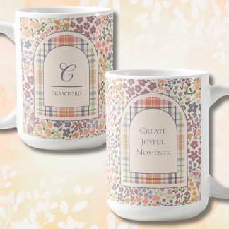 Tasse à carreaux floraux personnalisée – Nom et ci