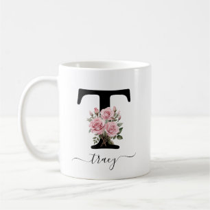 Tasse à fleurs roses florales à monogramme initial