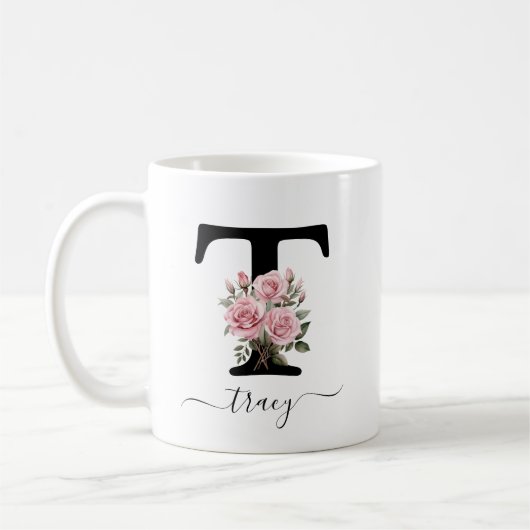 Tasse à fleurs roses florales à monogramme initial (Gauche)