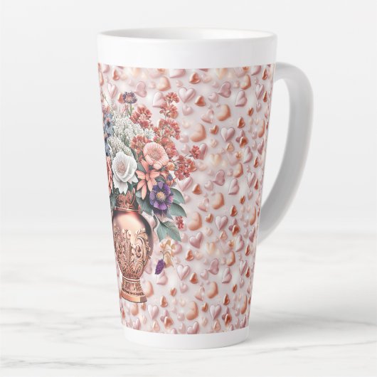 Tasse à latte grande avec coeurs et fleurs en or r (Angle droit)