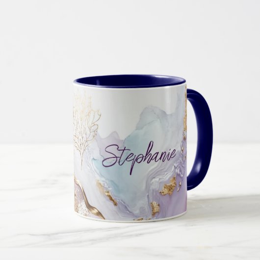 Tasse à lavis aquarelle or bleu violet monogrammé (Devant droit)
