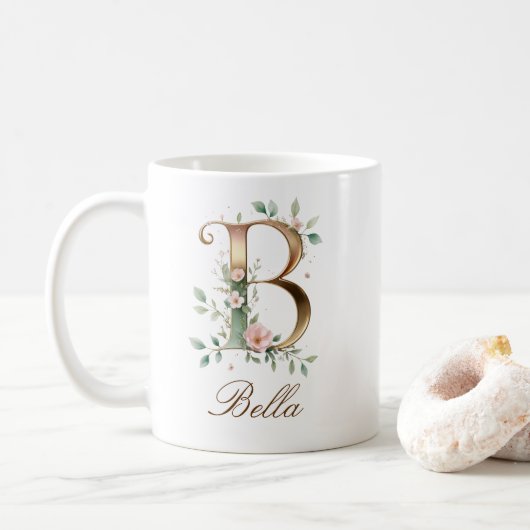 Tasse à monogramme B floral or élégant (Avec donut)