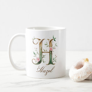 Tasse à monogramme H floral or élégant