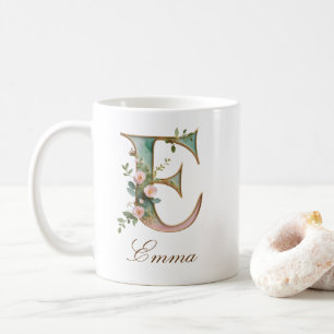 Tasse à monogramme lettre E florale or élégant