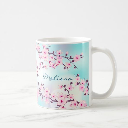 Tasse à monogramme turquoise rose à fleurs de ceri (Droite)