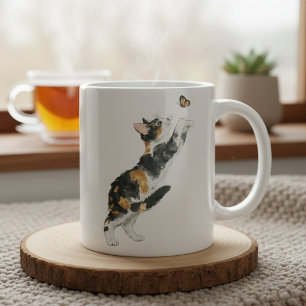 Tasse aquarelle chat calico joueur et papillon