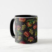 tasse avec broderie - fleurs sur fond noir (Devant gauche)