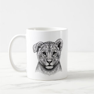 Tasse avec lionceau africain noir et blanc en encr