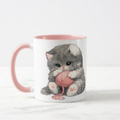 Tasse avec un mignon chaton et du fil rose (Gauche)