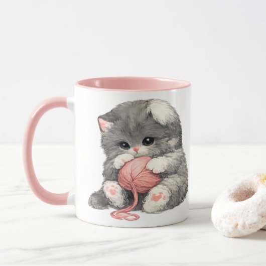 Tasse avec un mignon chaton et du fil rose (Avec donut)