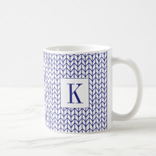 Tasse blanche en tricot à raie BLEUE + initiale