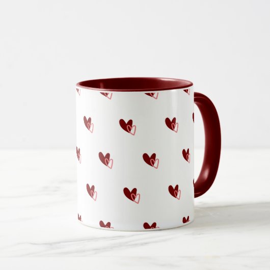 Tasse blanche – Motif de cœurs rouge foncé (Devant droit)