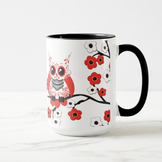 Tasse blanche rouge de hibou de fleurs de cerisier (Droite)