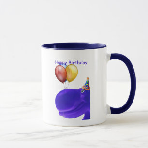 Tasse bleue d'anniversaire d'hippopotame heureux