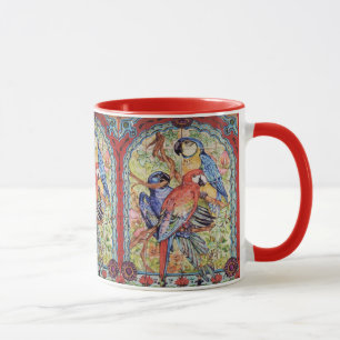 Tasse bleue de perroquet d'ara de jacinthe rouge
