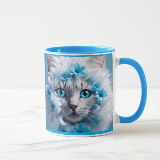 Tasse bleue régulière avec un beau chat blanc (Droite)