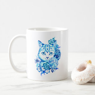 Tasse bleue tirée par la main élégante de chat