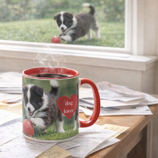 Tasse Border Collie chiot avec balle rouge café
