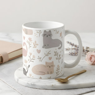 Tasse Café Chat Pastel & Motif Floral Mignon