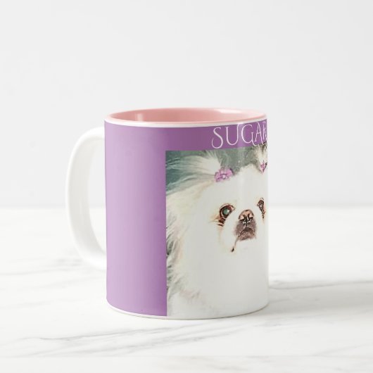 Tasse café Pekingese en violet et rose. (Devant gauche)