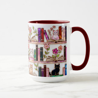 Tasse Chat Amateur de Livres Cadeau Étagère Fleuri