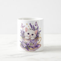 Tasse Chat Blanc Thé Lavande Chaton Floral