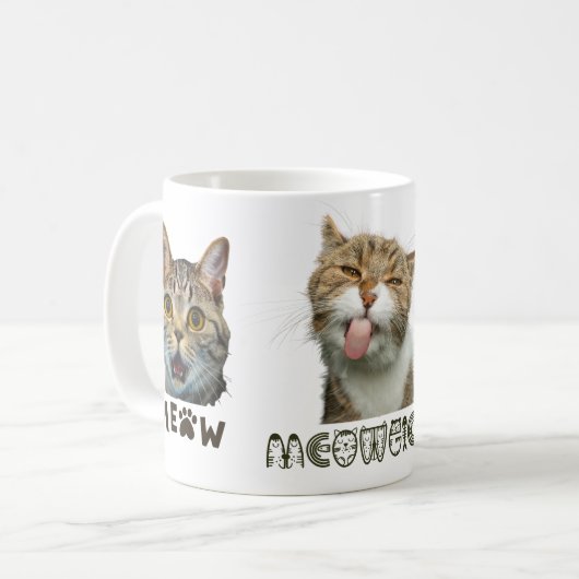 Tasse classique blanche aux visages de chat Meow d (Devant gauche)