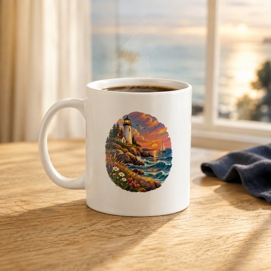 Tasse d'art de phare côtier au coucher du soleil o