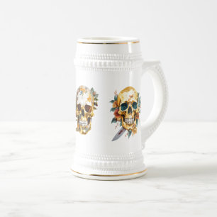 Tasse de bière avec crânes d'or