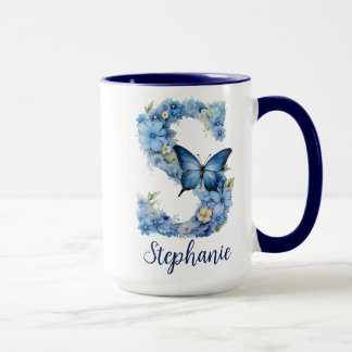 Tasse de café à monogramme bleu floral 15 oz