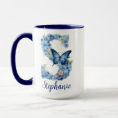 Tasse de café à monogramme bleu floral 15 oz (Gauche)