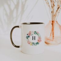 Tasse de café à monogramme en couronne florale ros