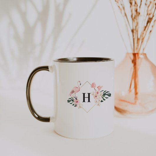 Tasse de café à monogramme floral flamant tropical