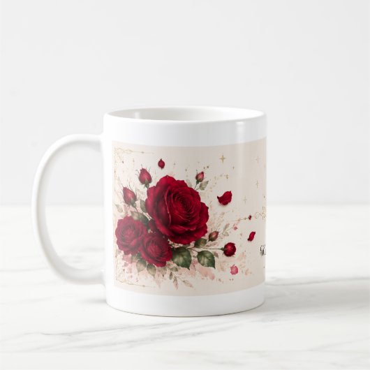 Tasse de café à notes d'amour de rose rouge romant (Gauche)